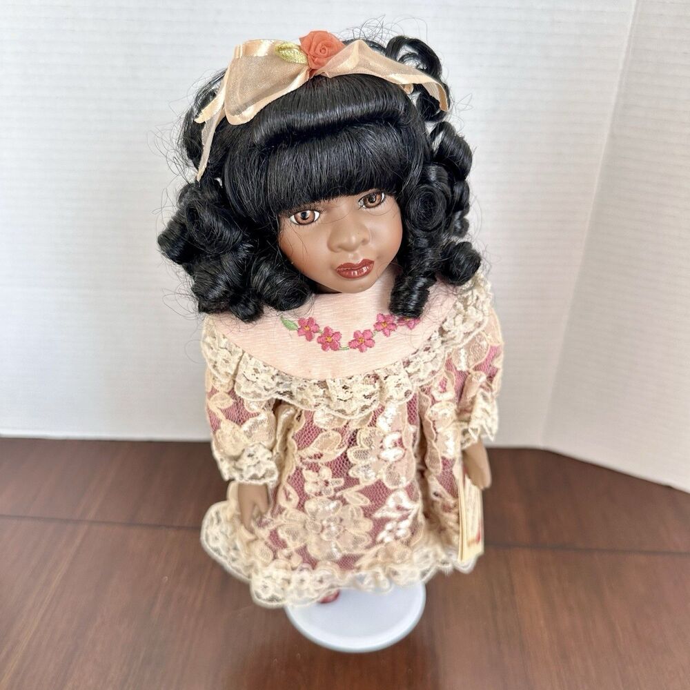 Collectors Choice African Amer 12” Porcelain Doll Girl Pink Lace Dress Brown Eye